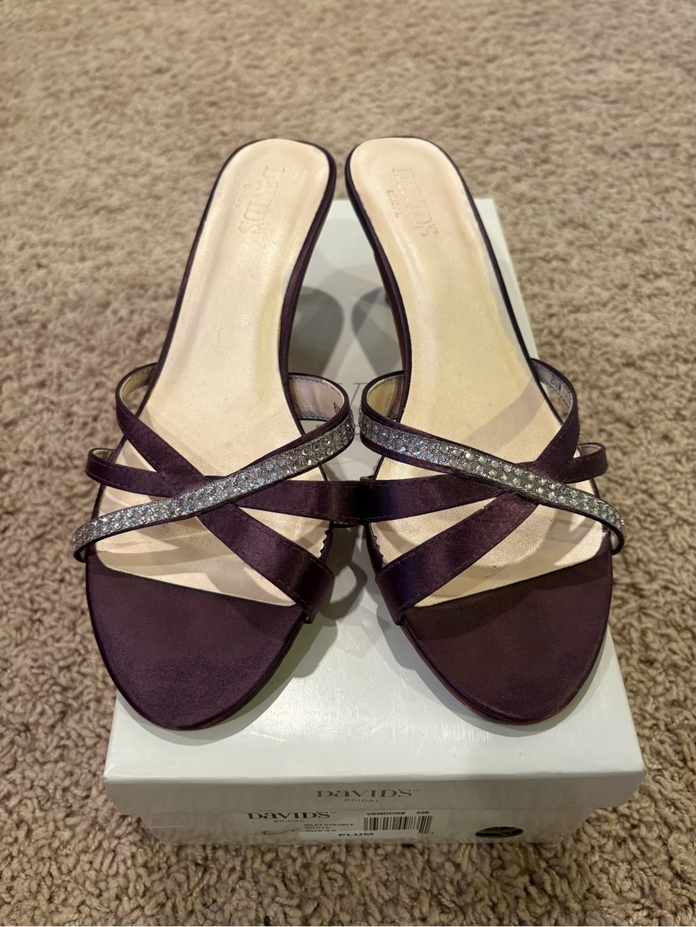 David's Bridal Plum Satin Slide Sandals with Crystal Straps